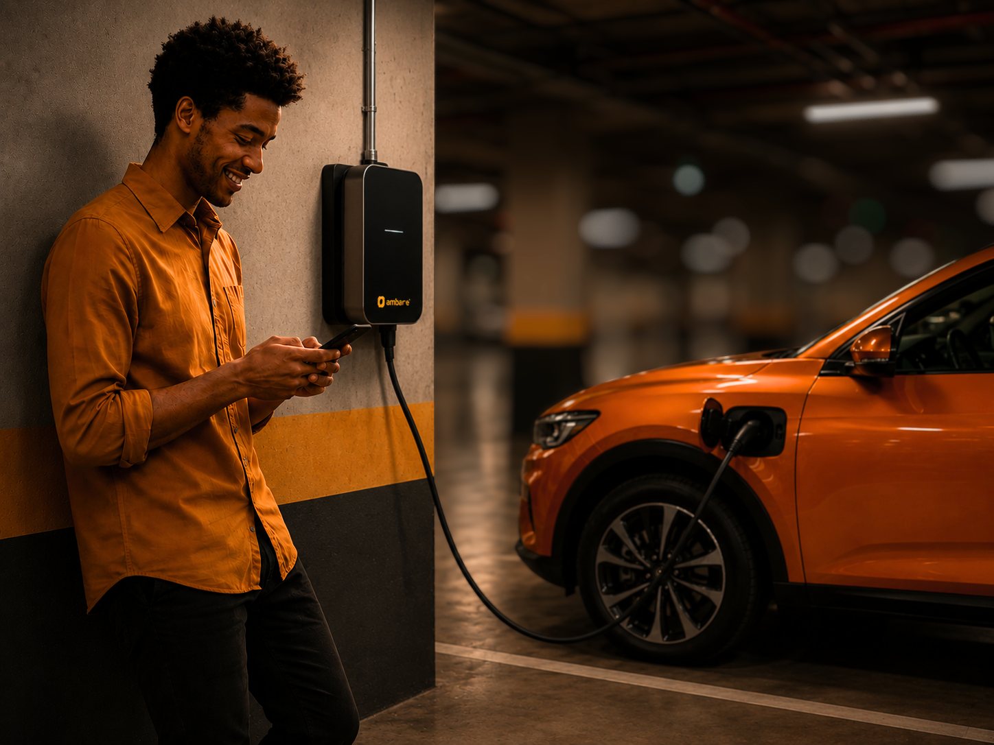 Morador carregando um carro elétrico na garagem do prédio